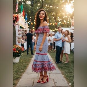 Red Blue Off Shoulder Embroidered Midi Dress | Size L